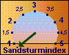 Sandsturmindex um 11:00 Uhr:
0 ~ keine Sandsturmgefahr
an offenen Sand- u. Ackerflächen
bei Ernte- u. Feldarbeiten